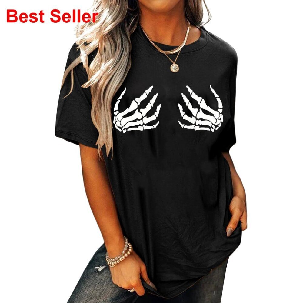 Oversized Vintage Skeleton Graphic Tee Women's Loose Fit Cotton Blend